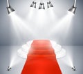 Red carpet stage with spotlights. Podium vector illustration