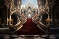 Red carpet on the stairs in a fairytale palace. AI generative