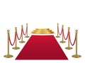 Red carpet with stanchions leading to golden podium. Award hall of fame vector illustration. Ceremony Hollywood movies