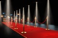 Red carpet for the stars, with gold stands and paparazzi flashes. Pop star concept, reception, ceremony, show, VIP. Copy space, 3D