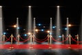 Red carpet for the stars, with gold stands and paparazzi flashes. Pop star concept, reception, ceremony, show, VIP. Copy space, 3D