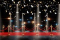 Red carpet for the stars, with gold stands and paparazzi flashes. Pop star concept, reception, ceremony, show, VIP. Copy space, 3D