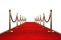 Red carpet for the stars, with gold stands and paparazzi flashes. Pop star concept, reception, ceremony, show, VIP. Copy space, 3D