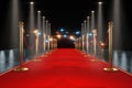 Red carpet for the stars, with gold stands and paparazzi flashes. Pop star concept, reception, ceremony, show, VIP. Copy space, 3D