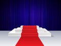 Red carpet to podium. Realistic empty pedestal for award ceremony with illumination, platform for show, cinema presentation vector