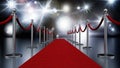 Red carpet and velvet ropes against night background with flashlights. 3D illustration Royalty Free Stock Photo