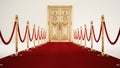 Red carpet and velvet ropes leading to the golden door. 3D illustration