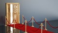 Red carpet and velvet ropes leading to the half open golden door. 3D illustration