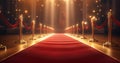 Red carpet and velvet ropes on night background