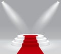 Red carpet on winner podium. Round stage with spotlight. Empty stair pedestal for award ceremony on isolated background. 3d