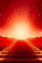 Red carpeted stairway leading to bright sun setting. Generative AI Royalty Free Stock Photo