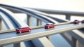 Red cars on a network of elevated roadways.  Perspective view of miniature vehicles navigating a complex highway system, multiple Royalty Free Stock Photo