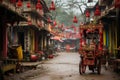 a red cart is parked on a street in an asian village