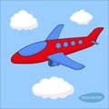 Red cartoon aircraft in clouds on blue background