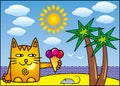 A red cartoon cat with ice cream on the shore of the tropical sea under a palm tree. Vector drawing. Royalty Free Stock Photo