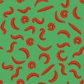 Red Cartoon Caterpillars Seamless Pattern Isolated on Green Background. Cute Summer Insects. Small Maggot Move