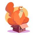 Red cartoon chicken emerging from brown box, looking surprised and funny. Funny chicken illustration, quirky and Royalty Free Stock Photo