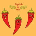 Red cartoon chile peppers in sunglasses and phrase `Stylish and hot`