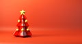 Red cartoon christmas tree on red background. Banner for design with copy space. greeting cards, social media posts Royalty Free Stock Photo