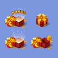 Red cartoon colorful isometric gift boxes set with bonus.