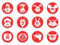 Red cartoon cute chinese zodiac button icons set