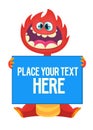 Red cartoon monster or alien holding empty sheet or banner. Royalty Free Stock Photo