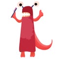 A red cartoon monster with carious teeth stands with a toothbrush in his hand. Illustration for children in the edification of