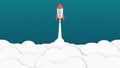 Red cartoon rocket. Background for your projects. White clouds. Advertising poster for the site. Vector illustration