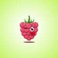 Red Cartoon Symbol raspberries sending an air kiss. Cute smiling raspberries icon isolated on green background