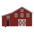 Red cartoon wooden barn with open door, roof and five windows. Outline hand drawn illustration isolated on white Royalty Free Stock Photo