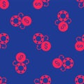 Red Casino chips exchange on dollar icon isolated seamless pattern on blue background. Vector Royalty Free Stock Photo