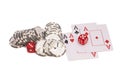 Red casino dice, four aces playing cards and casino chips Royalty Free Stock Photo