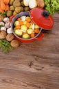 Red casserole dish with winter vegetables and herbs Royalty Free Stock Photo