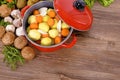 Red casserole dish with winter vegetables and herbs Royalty Free Stock Photo
