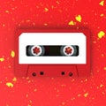 Red Cassette. Vintage Audio Cassette Tape with White Label Template on Red with Yellow Abstract Background. Royalty Free Stock Photo