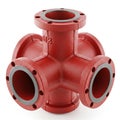 Red Cast Iron Cross Pipe Fitting with Five Flanges on White Background cross fitting Royalty Free Stock Photo