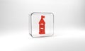 Red Castle tower icon isolated on grey background. Fortress sign. Glass square button. 3d illustration 3D render Royalty Free Stock Photo