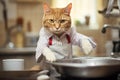 A red cat in an apron washes dishes in a home kitchen