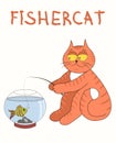 Red cat catches fish from aquarium