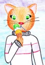 A red cat eats ice cream. Children`s drawing Royalty Free Stock Photo