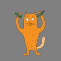 Red cat fishing. Funny cat with a fishing rod in his hands catches fish. Vector illustration. Comics. Coloring for Royalty Free Stock Photo