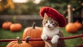 red cat in the garden A mischievous kitten with a cheeky grin, balancing on a red fence in a garden, sporting a comically