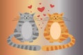 Red cat and gray cat, cat love, hearts, romance, striped cats, I love you