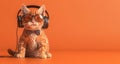 red cat with headphones and glasses against orange background, banner, copy space Royalty Free Stock Photo