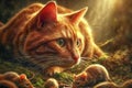A red cat hunts mice in the woods. Royalty Free Stock Photo