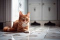 The red cat lying on the tiled kitchen floor and waiting for food. Generative AI