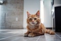 The red cat lying on the tiled kitchen floor and waiting for food. Generative AI