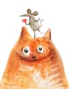 Red cat with mouse with heart smile Royalty Free Stock Photo