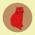 Red cat with orange eyes on the brown background in round frame. Can be postcards, fabric printing, poster. Fashion