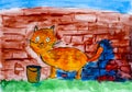 Red cat painting brick wall by his tail. Child watercolour hand Royalty Free Stock Photo